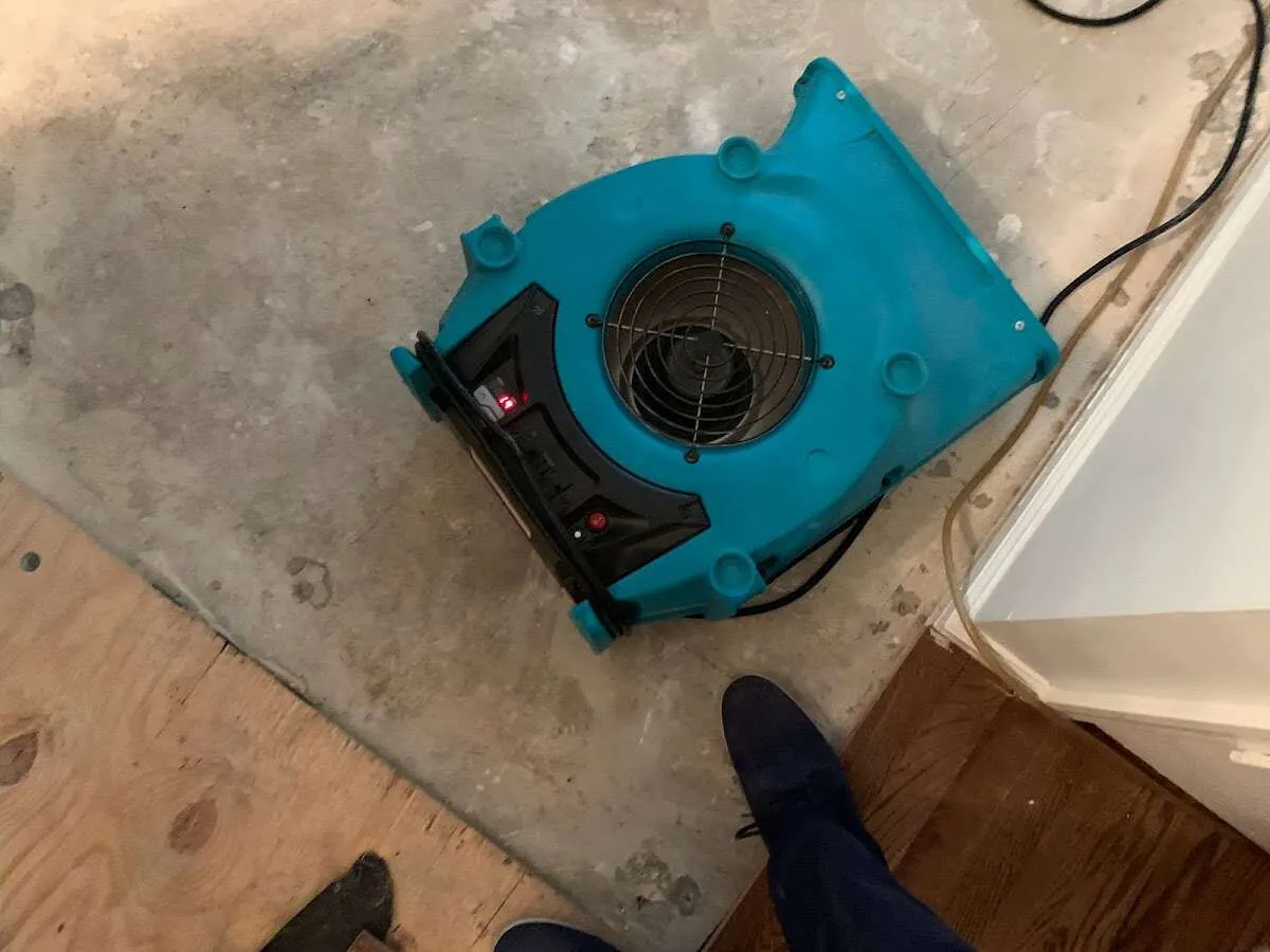Air mover drying subfloor during Commercial Water Damage Restoration in Helena Valley West Central